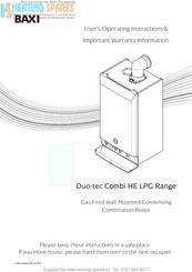 Baxi Duo-tec Combi HE LPG User Operating Instructions Manual