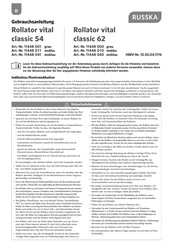 Russka Vital Classic 62 User Instructions