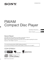 Sony CDX-GT650UI - Fm/am Compact Disc Player Operating Instructions Manual