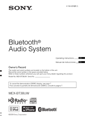 Sony MEX-BT38UW - Bt Slot Usb 1wire Operating Instructions Manual