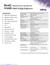 Benq W6000 Home Cinema Series Specifications