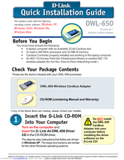D-link PCMCIA WIRELESS ASAPTER DWL-650 Quick Installation Manual