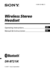 Sony DR-BT21IK/B - Wireless Transmitter And Bluetooth Headset Operating Instructions Manual
