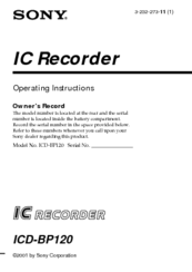 Sony ICD-BP120 - Ic Recorder Operating Instructions Manual
