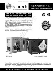 Fantech HRV-XI 450 Installation, Operation And Maintenance Manual