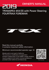 Honda FourTrax Foreman TRX500FE2 2019 Owner's Manual