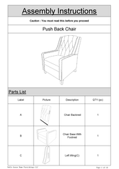 Noble House Home Furnishings Push Back Chair Assembly Instructions Manual