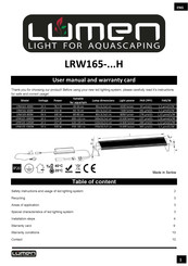 Lumen LRW165-1000H User Manual And Warranty Card