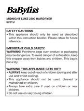Babyliss MIDNIGHT LUXE 2300 Quick Start Manual