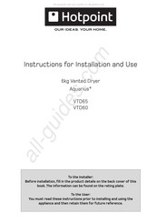Hotpoint Aquarius+ VTD65 Instructions For Installation And Use Manual