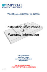 Imperial Kitchen Ventilation WHN2000 Installation Instructions & Warranty Information