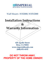 Imperial Kitchen Ventilation WHN2000 Installation Instructions & Warranty Information