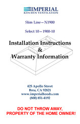 Imperial Cal Products Slim N1900PS Installation Instructions & Warranty Information