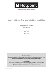 Hotpoint Aquarius VTD00 Instructions For Installation And Use Manual
