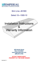 Imperial Kitchen Ventilation N1900PS Installation Instructions & Warranty Information
