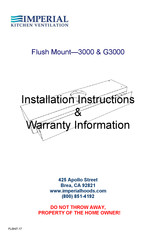 Imperial Kitchen Ventilation 3000 Series Installation Instructions & Warranty Information