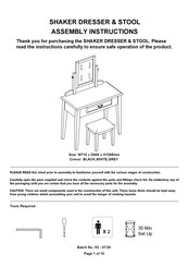 Big Furniture Warehouse SHAKER DRESSER & STOOL Assembly Instructions Manual