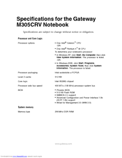 Gateway M305CRV Specifications