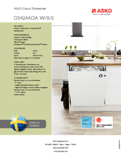 Asko D5424ADA W Specification Sheet