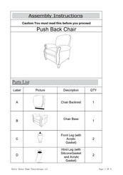 Noble House Home Furnishings Push Back Chair Assembly Instructions Manual