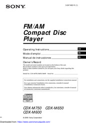 Sony CDX-M750 - Fm/am Compact Disc Player Operating Instructions Manual