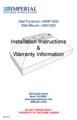Imperial Kitchen Ventilation WH1900-10 Installation Instructions & Warranty Information
