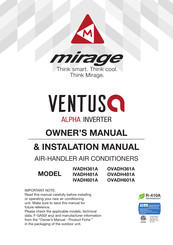 Mirage VENTUS ALPHA IVADH361A Owner's Manual & Installation Manual