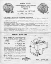 Briggs & Stratton 190700 Series Operating And Maintenance Instructions Manual