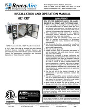 RenewAire HE1XRTH Installation And Operation Manual