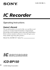 Sony ICD-BP150 - Ic Recorder Operating Instructions Manual