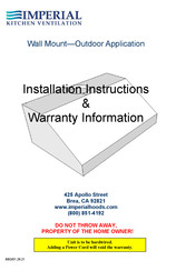 Imperial Kitchen Ventilation WH1900 Installation Instructions & Warranty Information