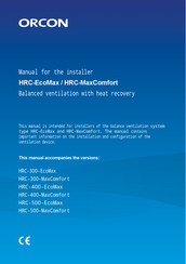 Orcon HRC-400-MaxComfort Installation Manual
