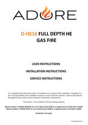 Adore D-HE16 User Instructions, Installation Instructions, Service Instructions