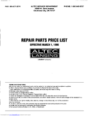 ALTEC LANSING SPEAKER REPAIR  1992 Repair Parts List Manual