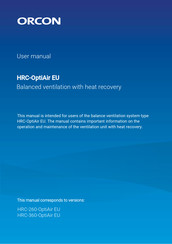 Orcon HRC-260-OptiAir EU User Manual