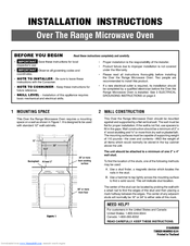 Frigidaire PLBMV188HC - Microwave Installation Instructions Manual