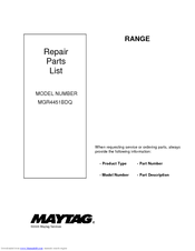 Maytag MGR4451BDQ - 30 Inch Gas Range Repair Parts List Manual