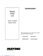 Maytag MDB8751BWS - 24 Inch Full Console Dishwasher Repair Parts List Manual