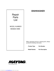 Maytag MDB8951AWB - Jetclean II Series Fully Integrated Dishwasher Repair Parts List Manual