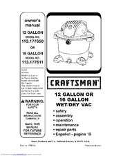 Craftsman 32724611 - 12 Gal. HP Wet/Dry Vac Owner's Manual
